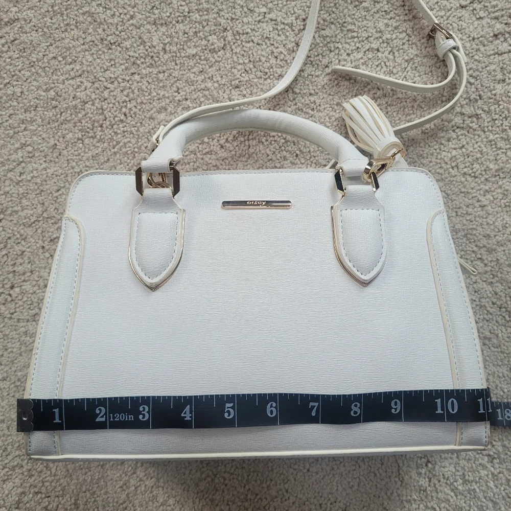 Chic White Faux Saffiano Leather Satchel with Gold Hardware & Tassle